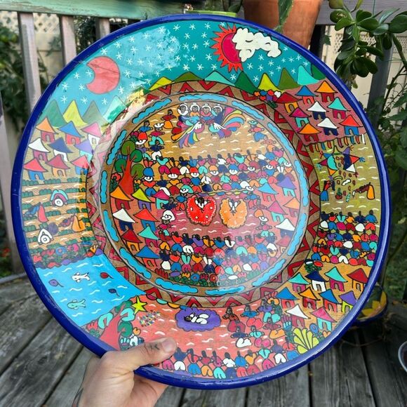 Beautiful 16” Mexican Folk Art Plate Pottery Wall Hanging Colorful Teracotta - Picture 15 of 16
